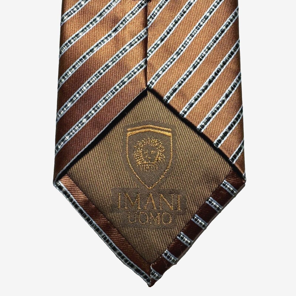 IMANI UOMO Mens Tie Bronze Brown Silver Textured Striped Silk Touch Hand Made
